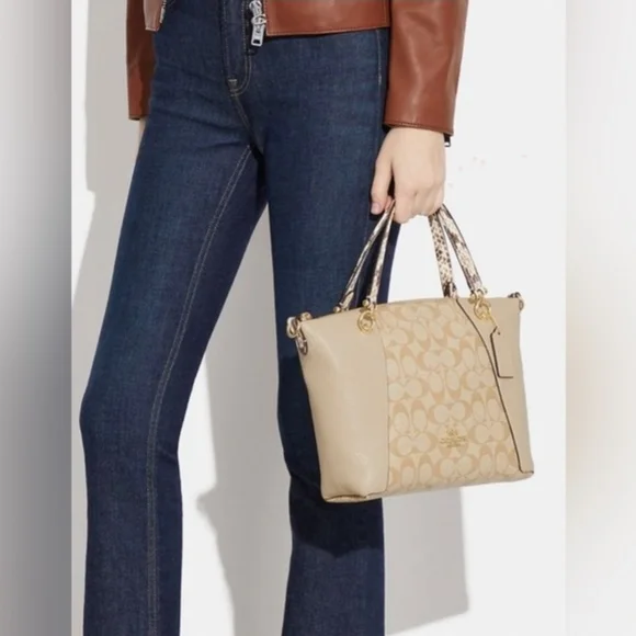 COACH Kacey Satchel Signature Crossbody Handbag Cream Snake Leather Exotic - Picture 4 of 13